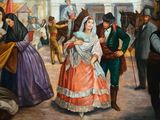 a painting of a man and a woman dancing in front of a crowd