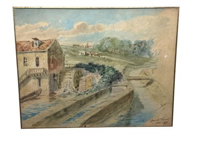 LACOSTE (XIXème) Paysage au moulin, 1875