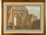 an image of a painting of a building with a man on a horse in front of it