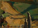 une peinture à l'huile représentant une route menant à un château situé au sommet d'une colline