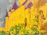 an oil painting of a castle in the middle of a field