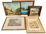 trois tableaux encadrés représentant une scène de vie à la ferme et un tableau représentant une maison