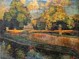une peinture à l'huile représentant un paysage avec des arbres et une rivière