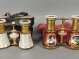 paire de jumelles anciennes en laiton et porcelaine, avec étui