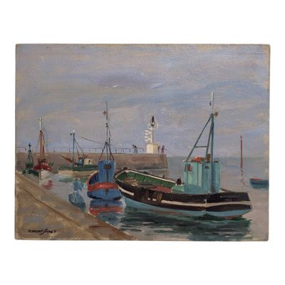 a painting of a boat in the water next to a lighthouse
