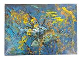 painting of yellow flowers on a blue background with a white background