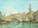 a painting of a bridge over a river with boats in it