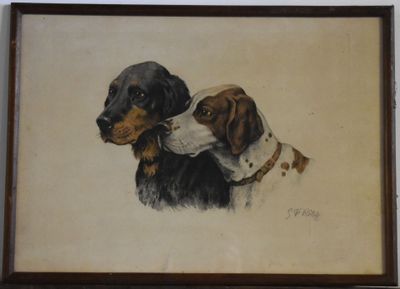 tableau représentant deux chiens assis l'un à côté de l'autre devant un mur blanc