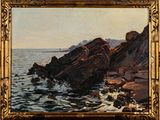 une peinture à l'huile représentant une côte rocheuse avec un bateau au loin