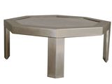 une image représentant une table en métal avec un plateau en verre, sur fond blanc