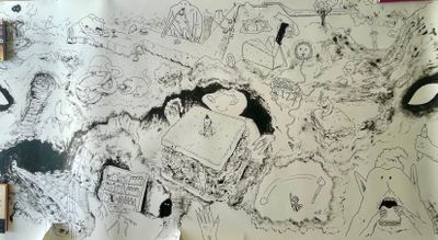 un dessin sur le mur d'une salle de bains avec des toilettes et un lavabo