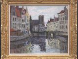 an image of a painting of a river with buildings in the background