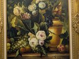 a picture of a painting of flowers and fruit on a table