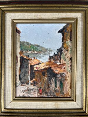 an oil painting of a village by the water with a boat in the distance