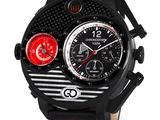 men ' s black and red analog watch with a leather band