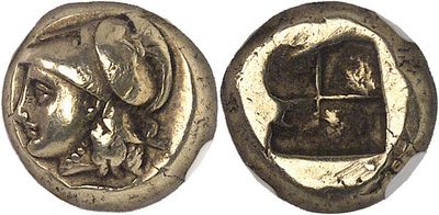 a silver coin with an image of a woman and a man on it