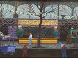 a painting of a street scene with people walking by
