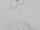 drawing of a dog with a collar sitting next to a bowl of food