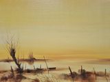 a painting of a boat in the water at sunset