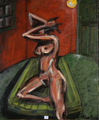 une image représentant un tableau d'une femme nue assise sur une natte verte