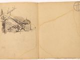 an old book with a drawing of a church on it