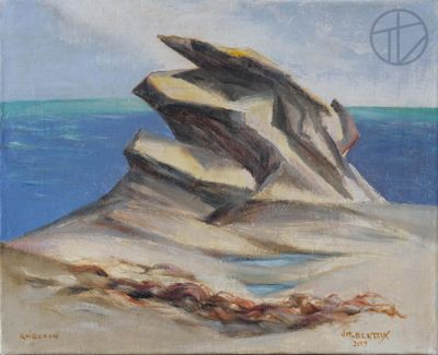une peinture à l'huile représentant une formation rocheuse sur une plage au bord de la mer