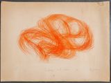 un dessin orange représentant une pelote de laine sur une feuille de papier