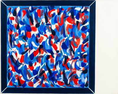 abstract painting of blue, red, and white shapes in a black frame