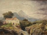 a picture of a painting of a house in the mountains