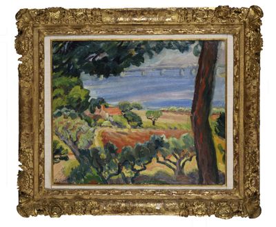 an oil painting of a landscape with trees and a body of water
