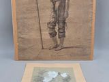 an old picture of a man holding a stick next to a picture of a house