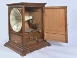 a wooden case with a record player inside of it