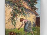 an oil painting of a woman picking apples from a tree