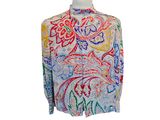 an image of a white shirt with multicolored flowers on it