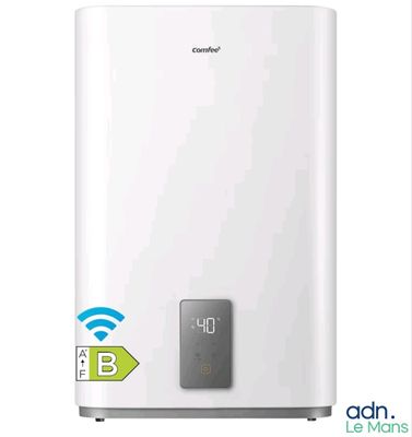 a white water heater with a wifi connection on top of it