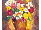 an oil painting of a vase of flowers on a table