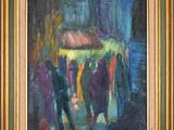 an oil painting of a group of people standing in a dark room