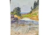 watercolor painting of a stream running through a field with trees