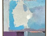 peinture abstraite composée de carrés bleus, violets et orange sur fond blanc