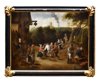 tableau représentant un groupe de personnes jouant à un jeu dans un village