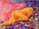 painting of a nude woman laying down on a bed of flowers