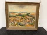 an oil painting of a village with a church in the distance