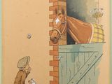 un dessin représentant un cheval regardant par la porte d'une écurie