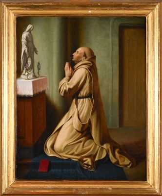 an image of a painting of a monk praying in front of a statue