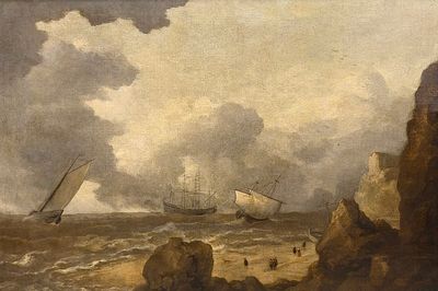 an image of a painting of boats on the water near a rocky shore