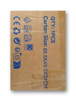 un sac en papier brun orné d'un logo bleu