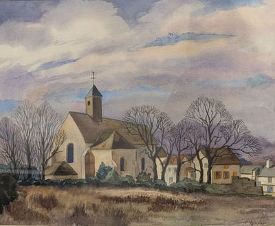 tableau représentant une église avec un clocher, située sur une colline