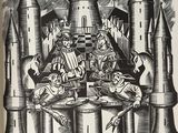 an image of a black and white drawing of a castle with people sitting at a table