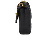 a small black bag with a gold chain hanging from it
