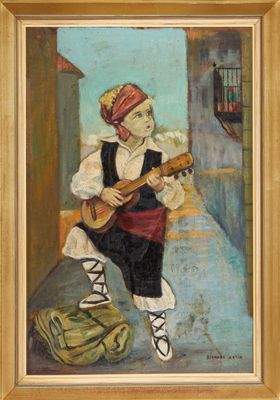 an oil painting of a young boy playing a guitar on the street